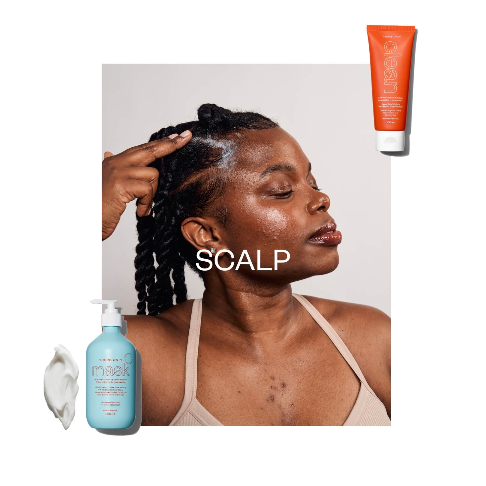 Woman with scalp care products on a white background