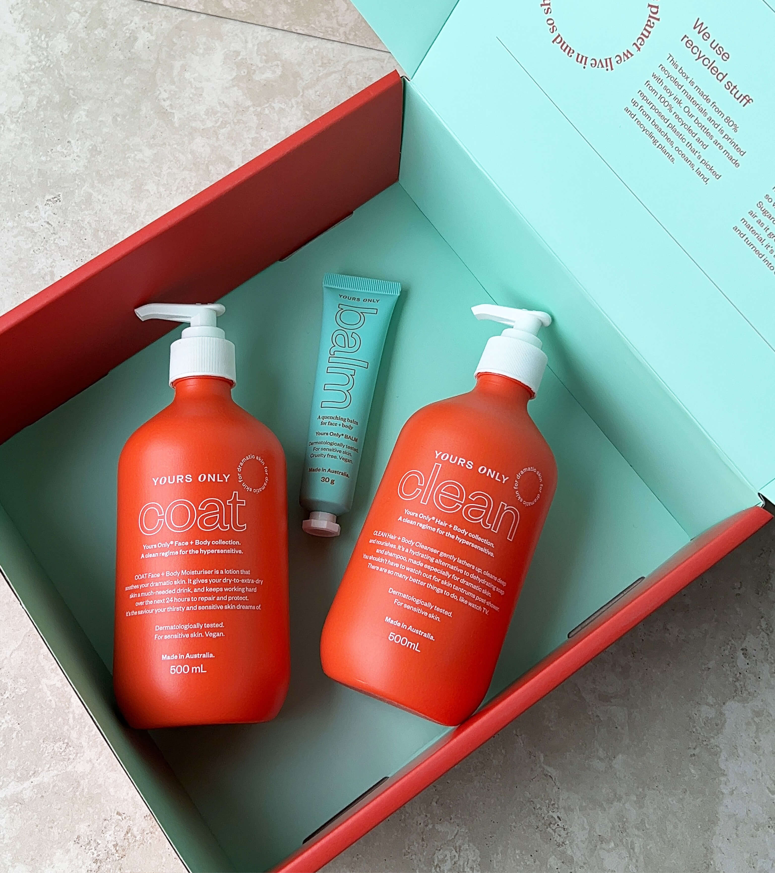 Pre-order starter bundle with two orange pump bottles and a small blue tube in a box