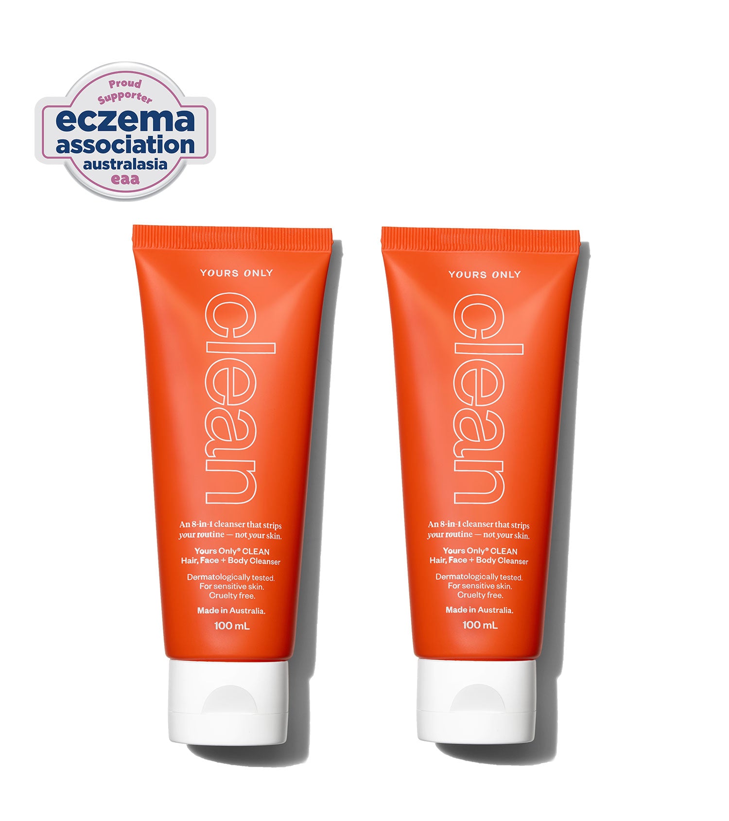 Two 100mL tubes of Yours Only CLEAN Hair, Face + Body Cleanser with Eczema Association Australasia logo