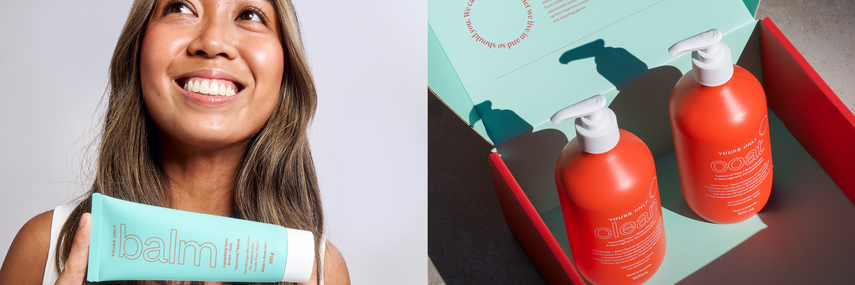 Woman holding a tube of Yours Only Balm, with two Yours Only pump bottles in a box