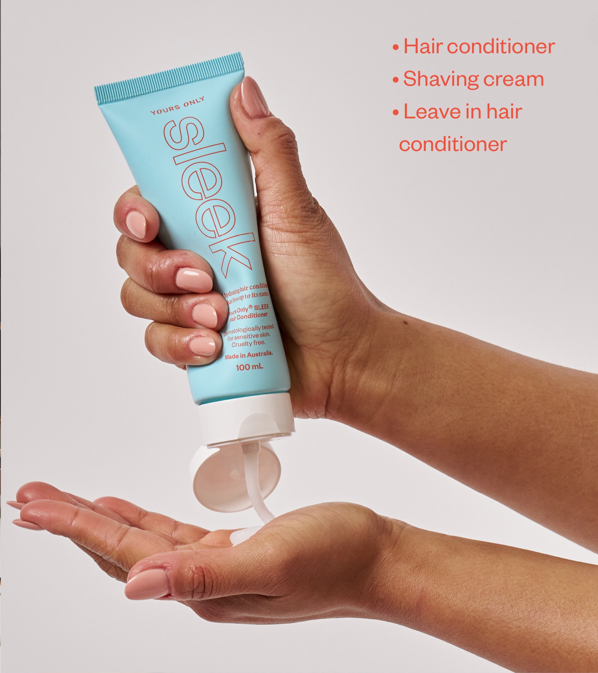Sleek hair conditioner 100mL being dispensed into a hand