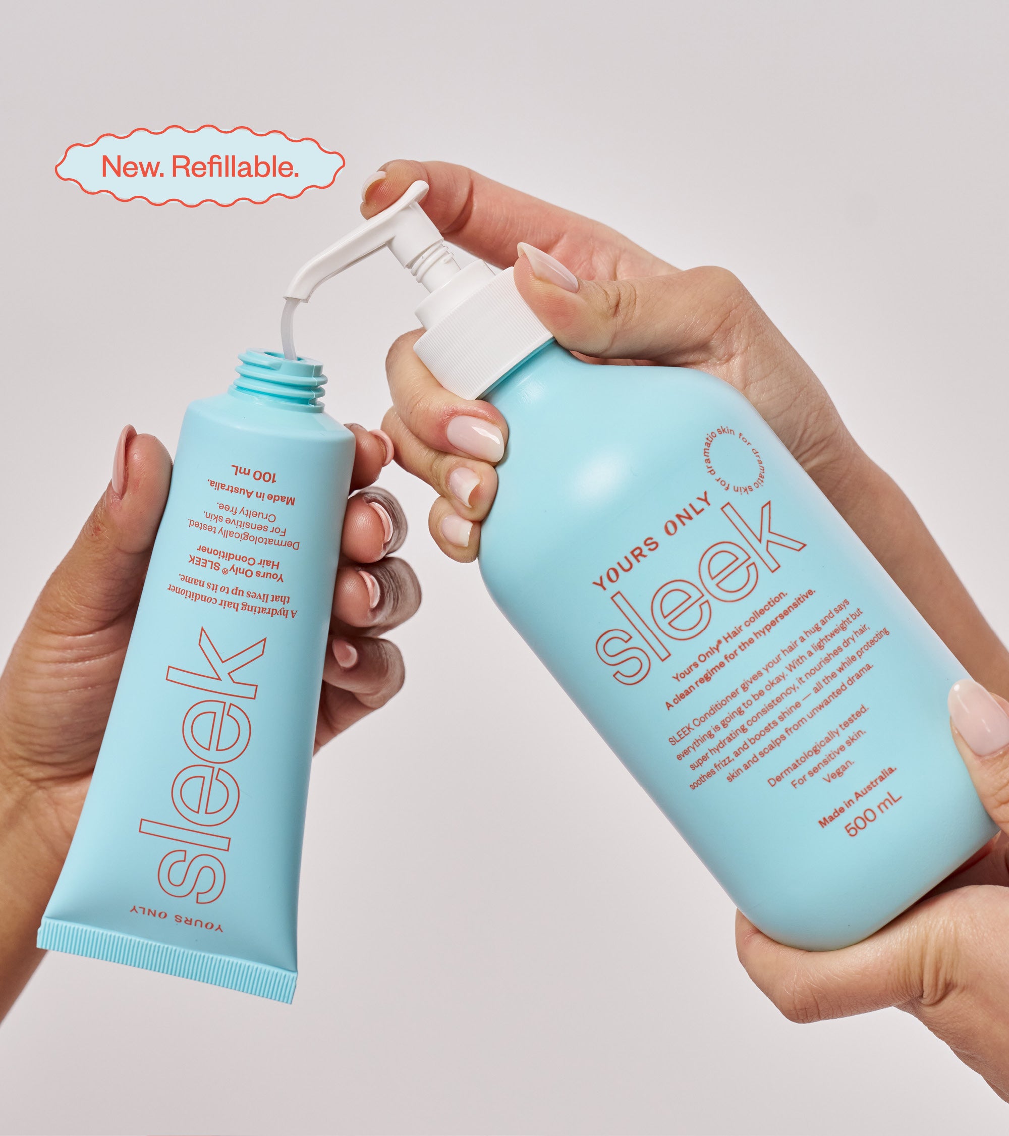 Hands refilling a sleek hair conditioner 100mL tube from a larger pump bottle