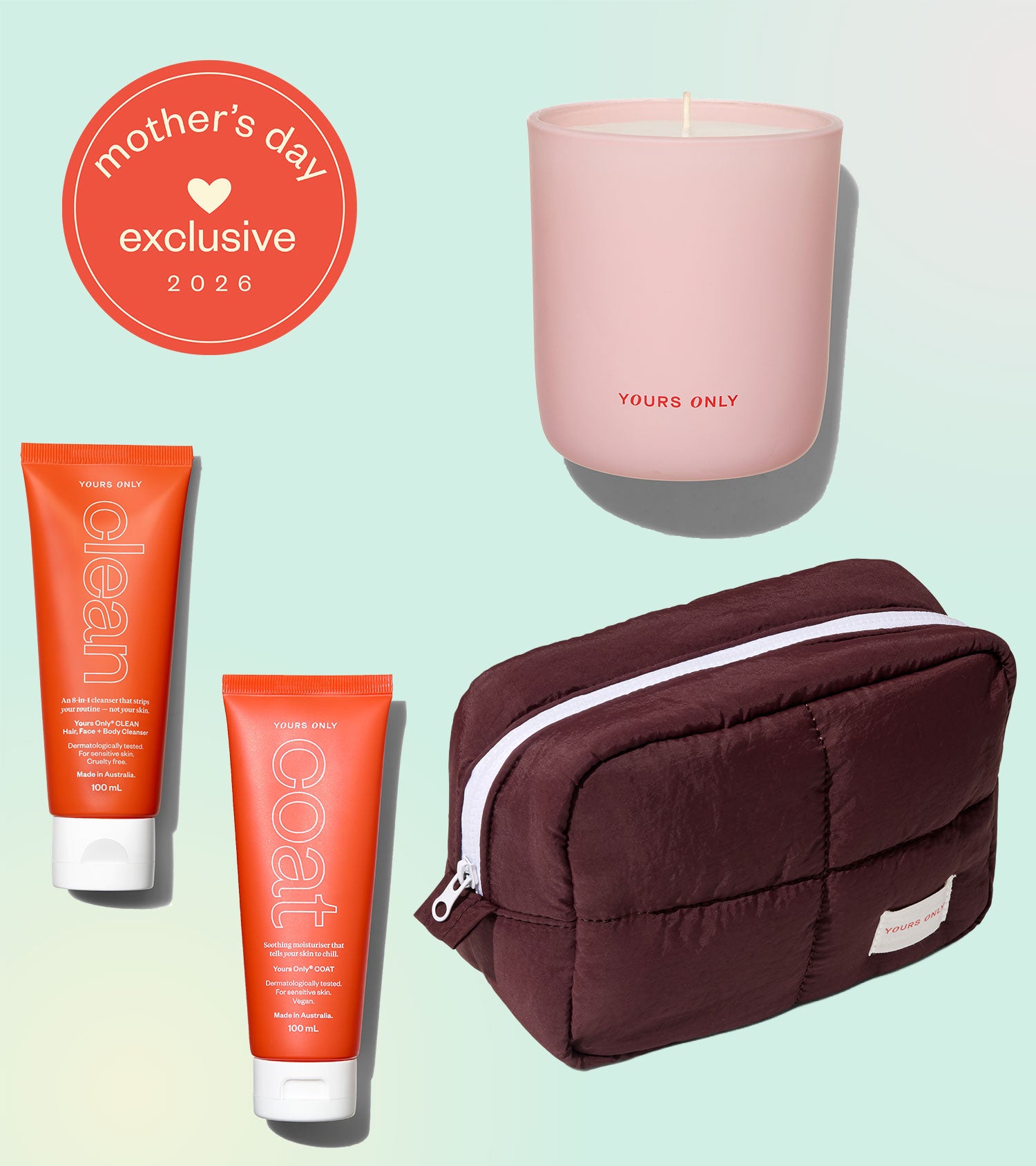 Cosmetic items including a candle, tubes of cream, and a brown pouch on a light green background with 'mother's day exclusive 2026' text.