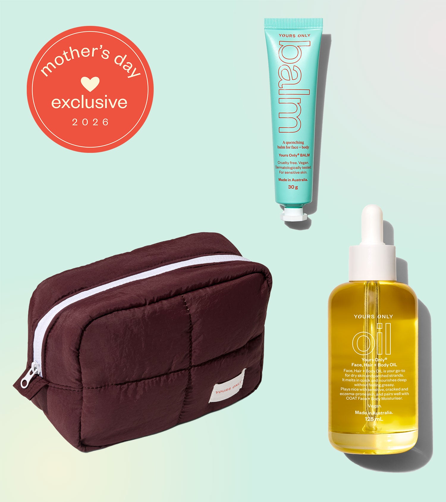 Brown toiletry bag with a teal tube and yellow bottle on a light green background, featuring a 'mother's day exclusive 2026' badge.