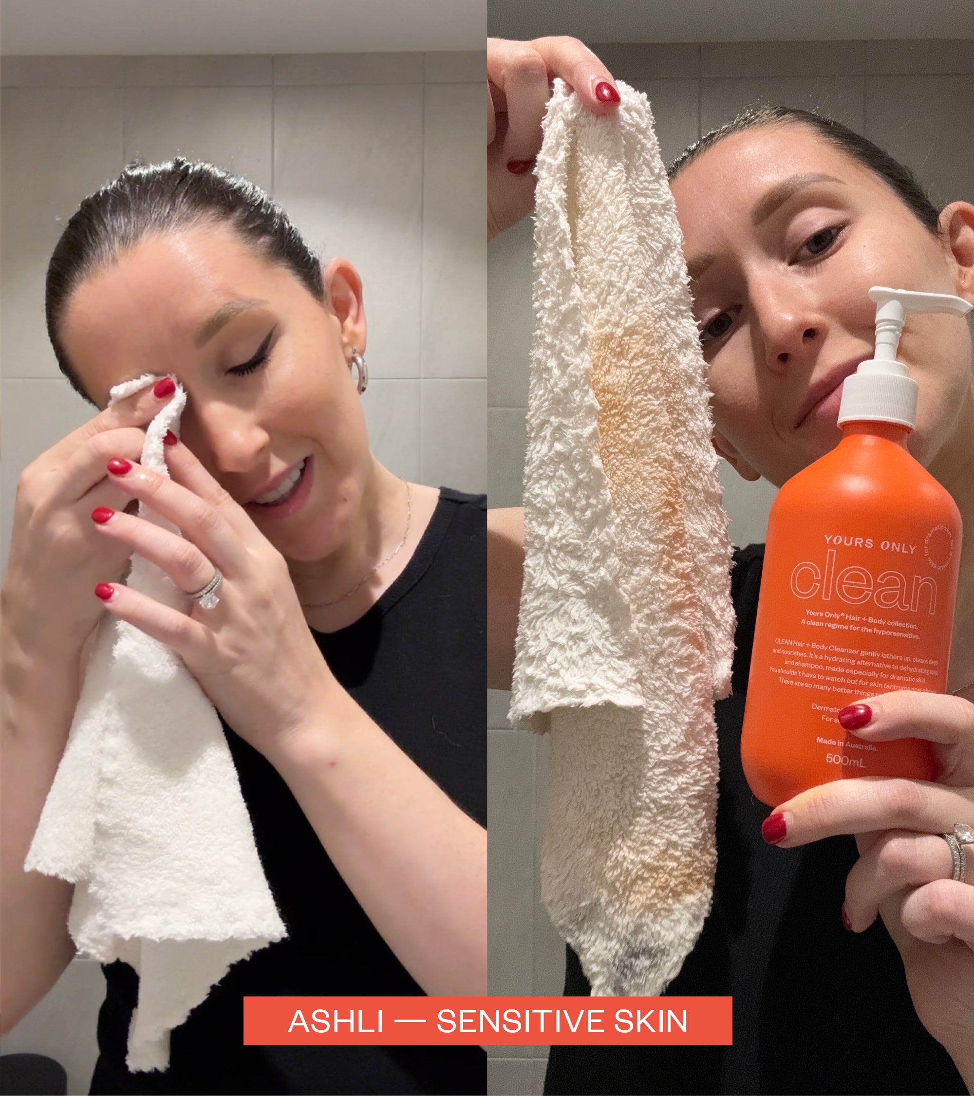 Woman wiping face with a white face cloth, then holding up the dirty cloth and a bottle of cleanser