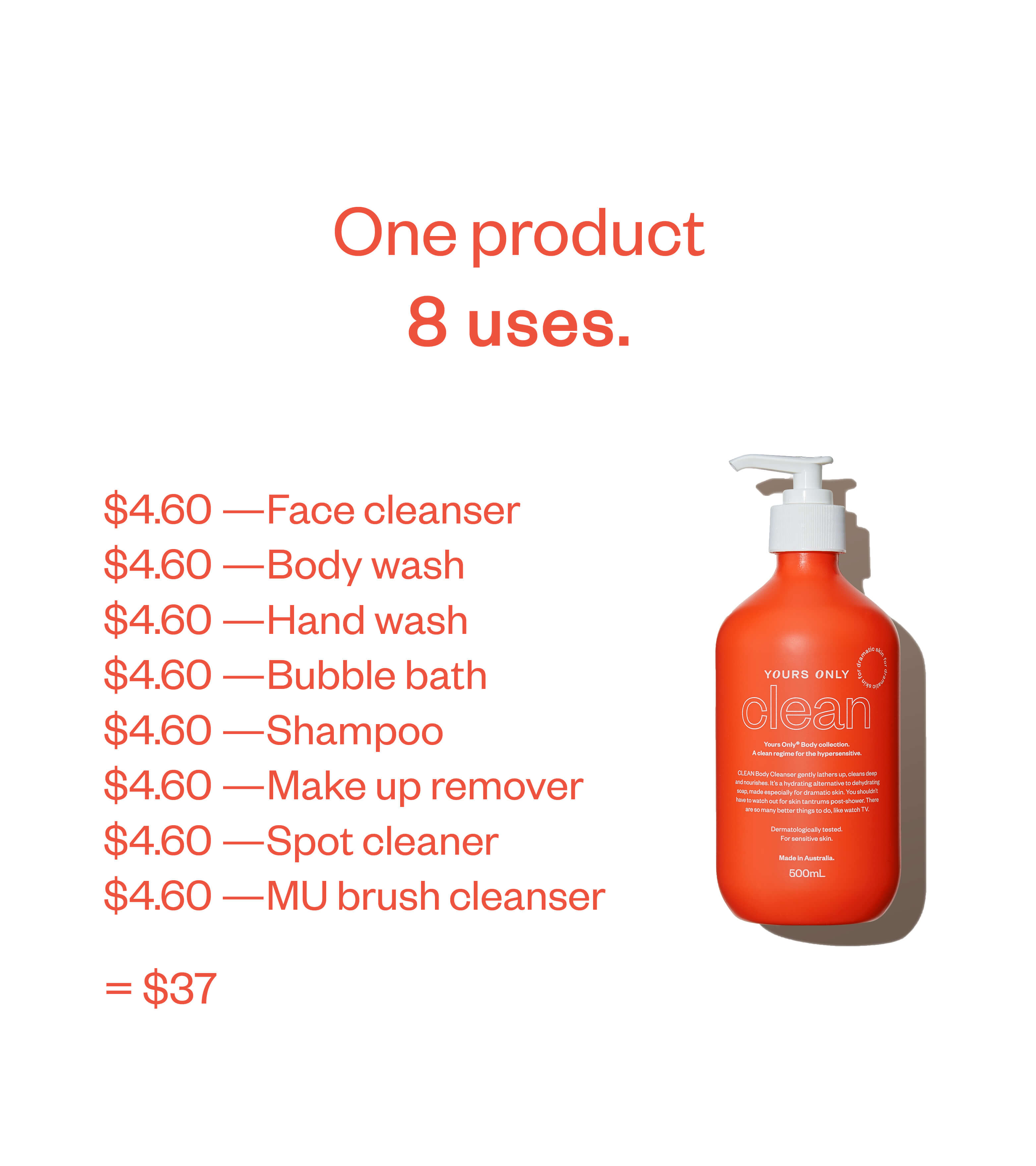 clean 8 in 1 hair, face + body cleanser 500mL