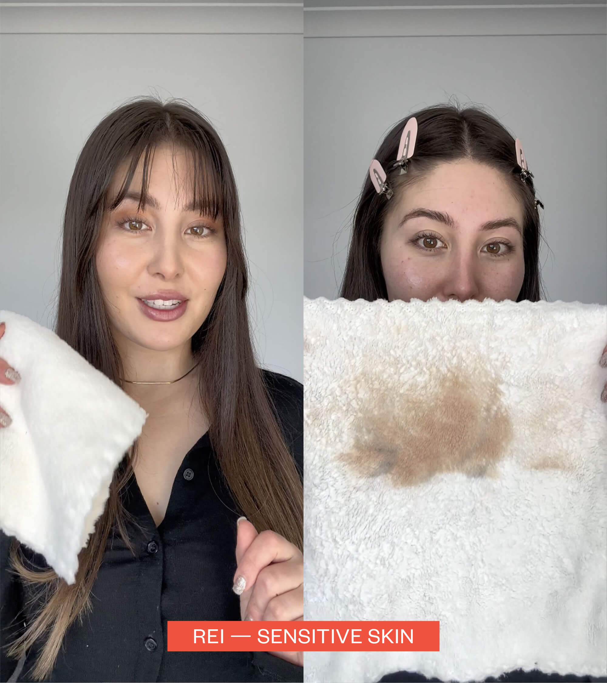 Woman holding a clean face cloth and then holding a dirty face cloth after use