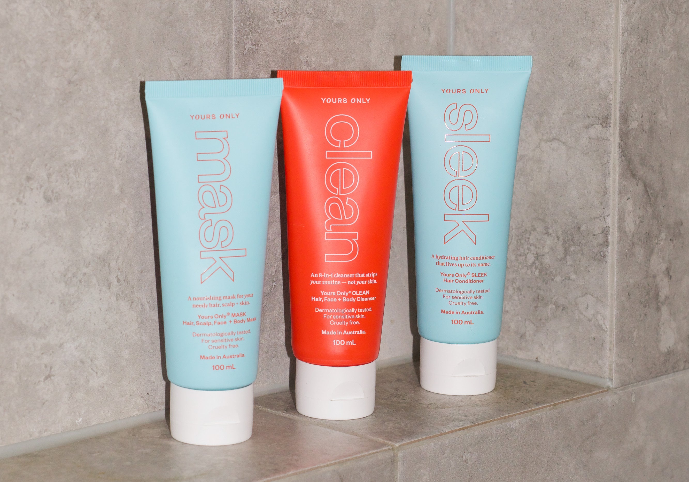 Three Yours Only products: Mask, Clean, and Sleek, on a tiled surface