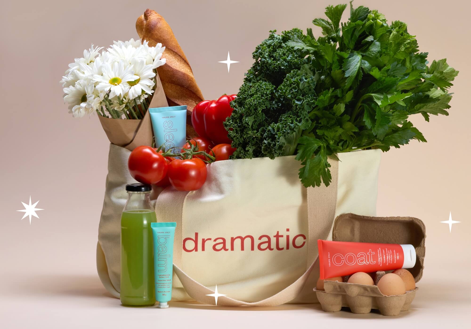 Dramatic tote bag with groceries and skincare products