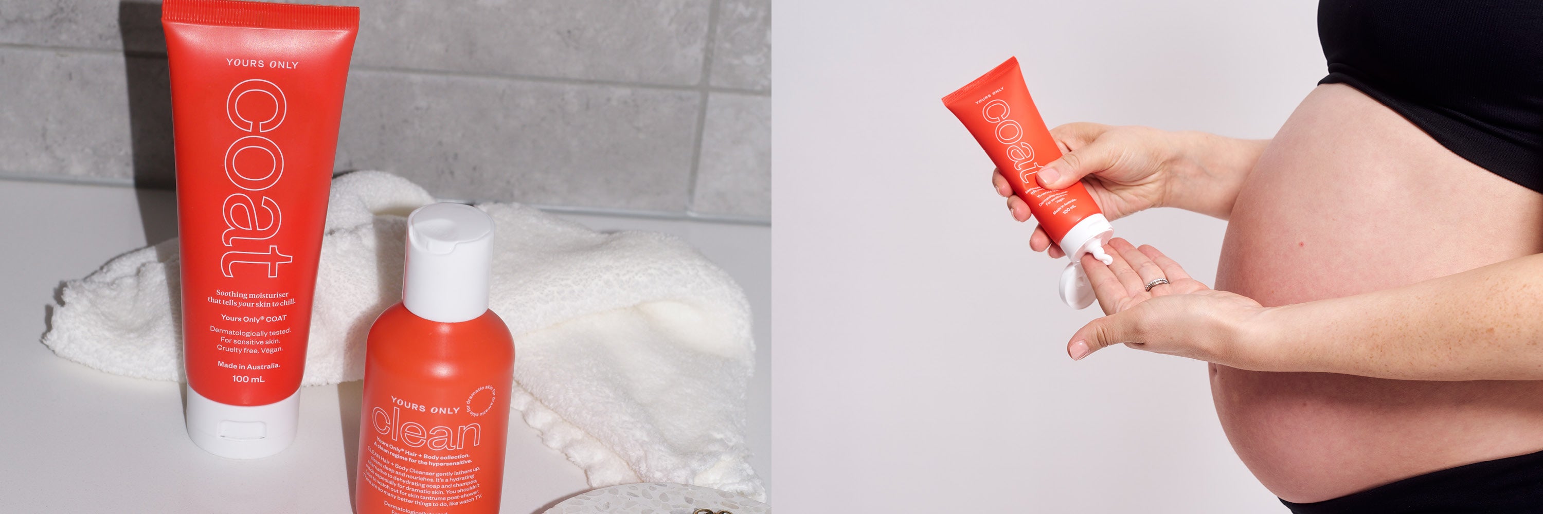Yours Only Coat and Clean products, with a pregnant woman applying Coat to her hand