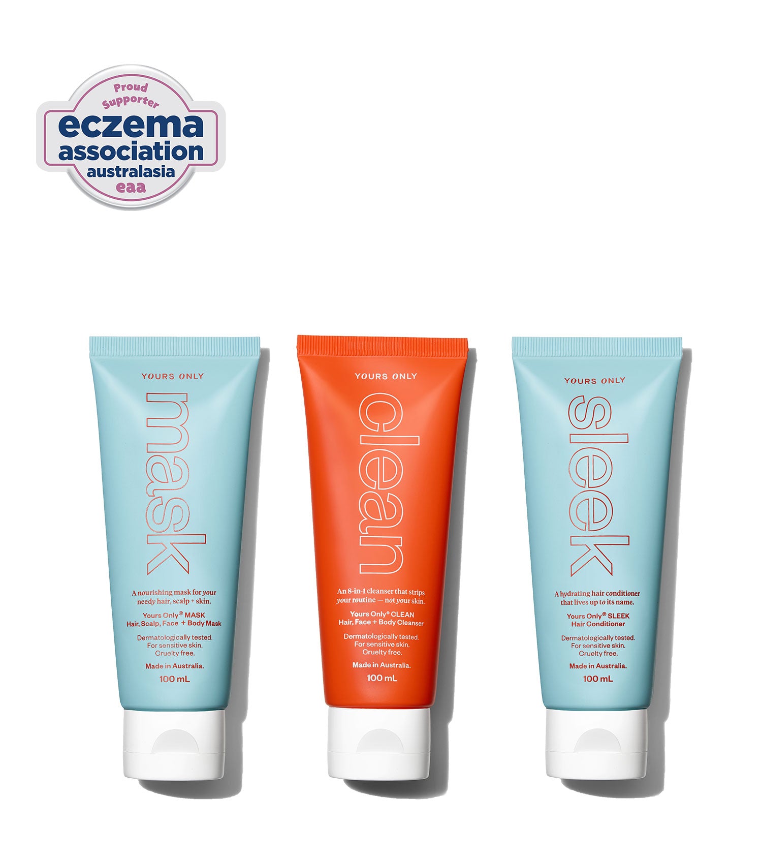 Three hair care products with 'mask', 'clean', and 'sleek' labels on a white background, featuring support for the Eczema Association Australasia.