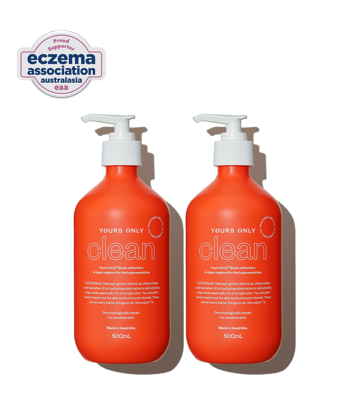Two 500mL bottles of Yours Only Clean body cleanser with white pumps and Eczema Association Australasia logo