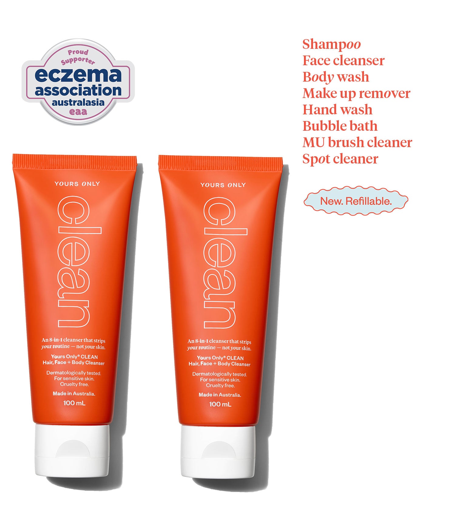 Two 100mL tubes of Yours Only Clean Hair, Face + Body Cleanser