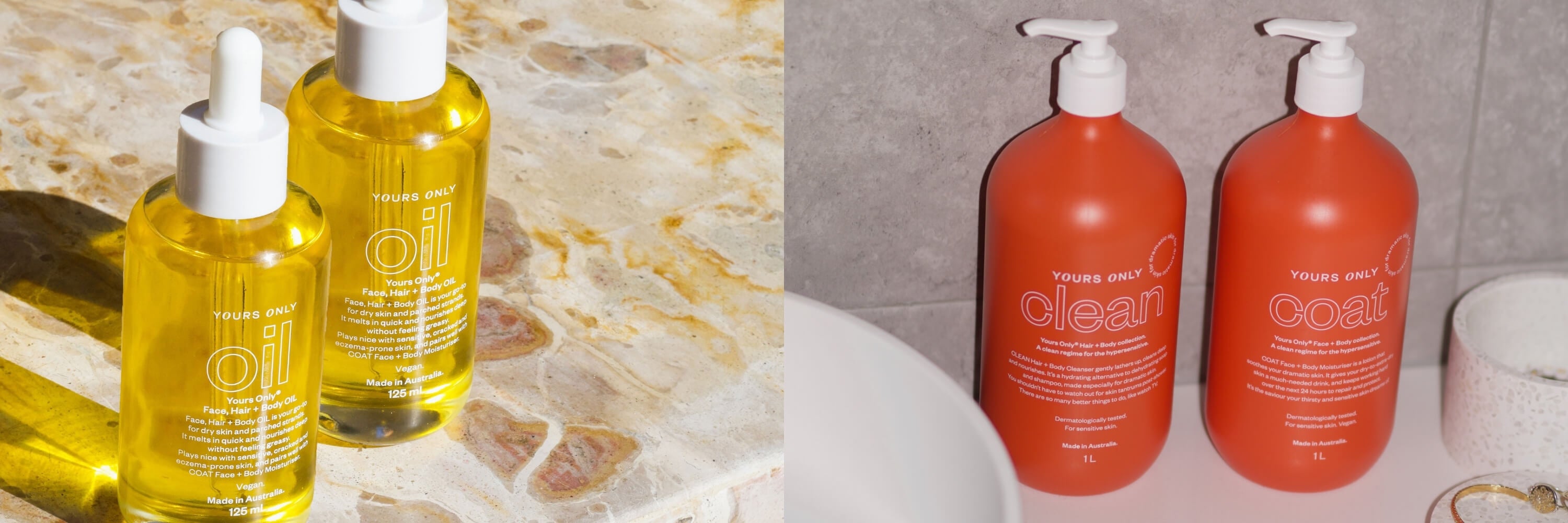 Two bottles of Yours Only Oil on a marble surface, and two bottles of Yours Only Clean and Coat
