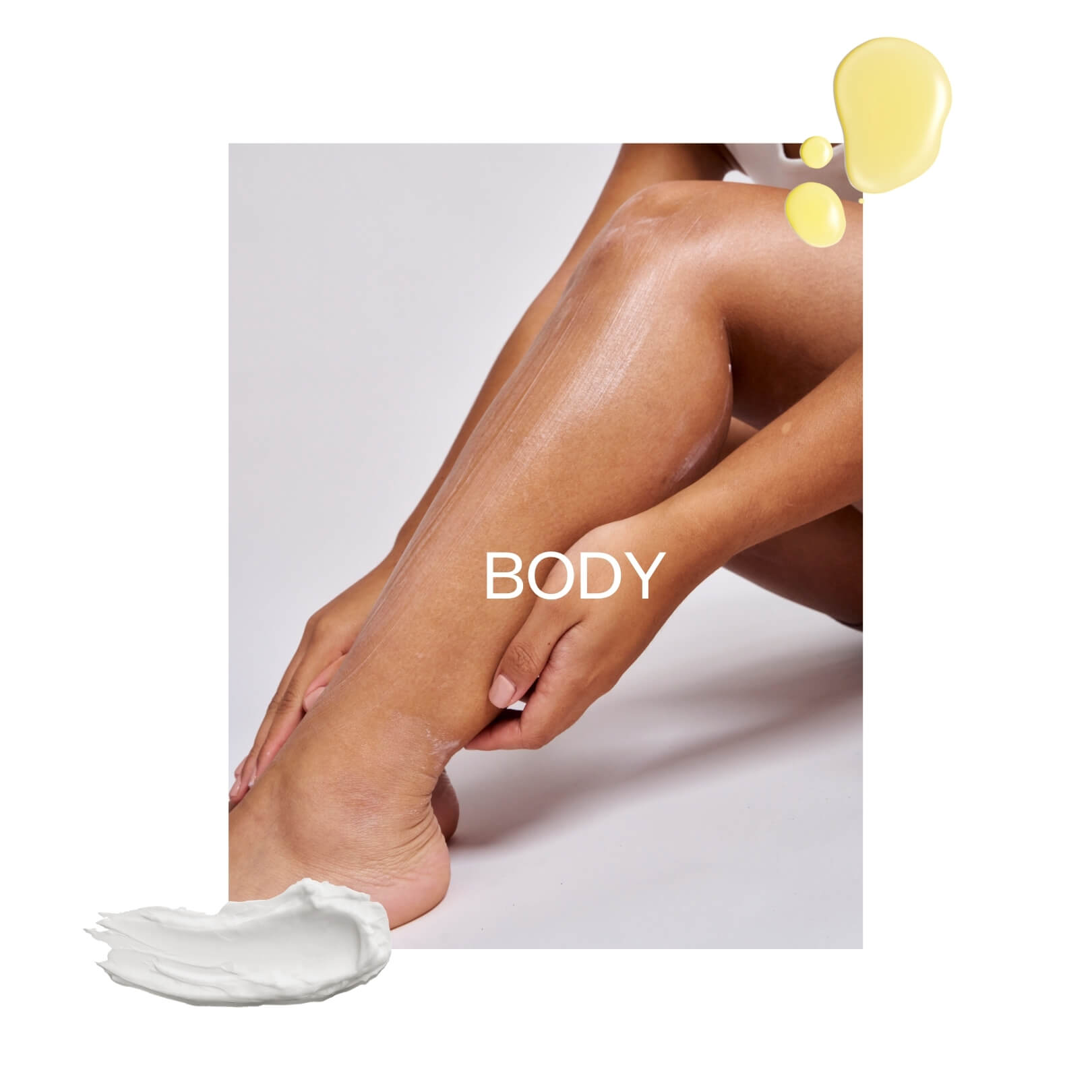 Person applying cream to legs with a focus on the 'BODY' text.