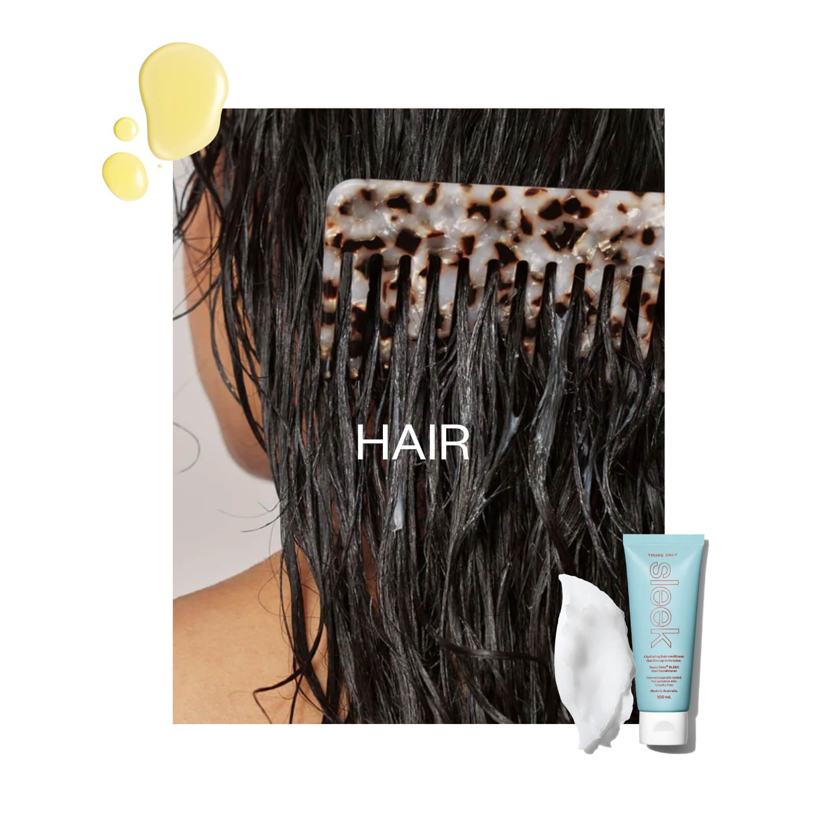 Close-up of wet hair with a comb, a tube of hair product, and the word 'HAIR' on a white background.