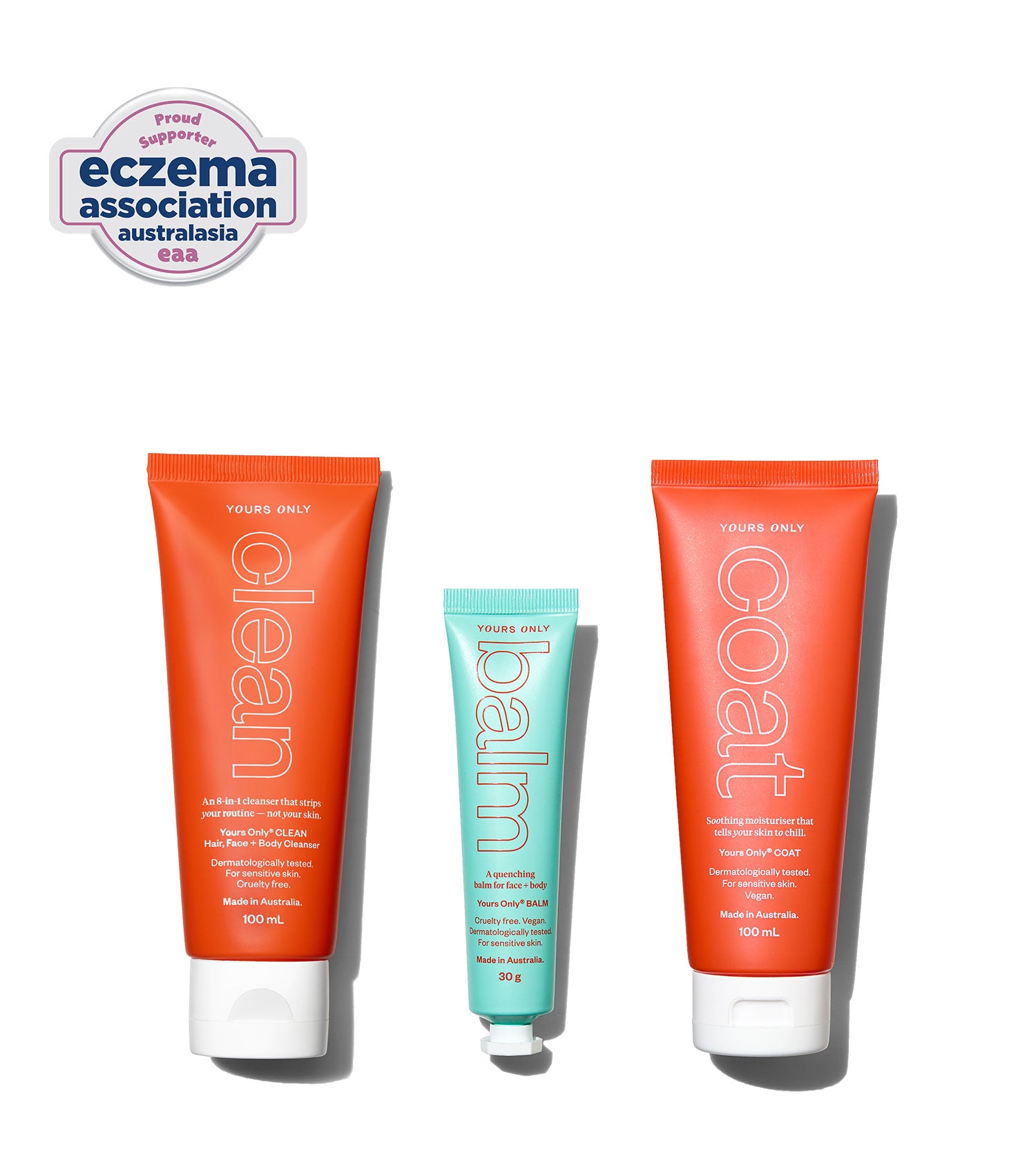 Three skincare products with 'clean', 'balm', and 'coat' labels on a white background, featuring support from the Eczema Association Australasia.