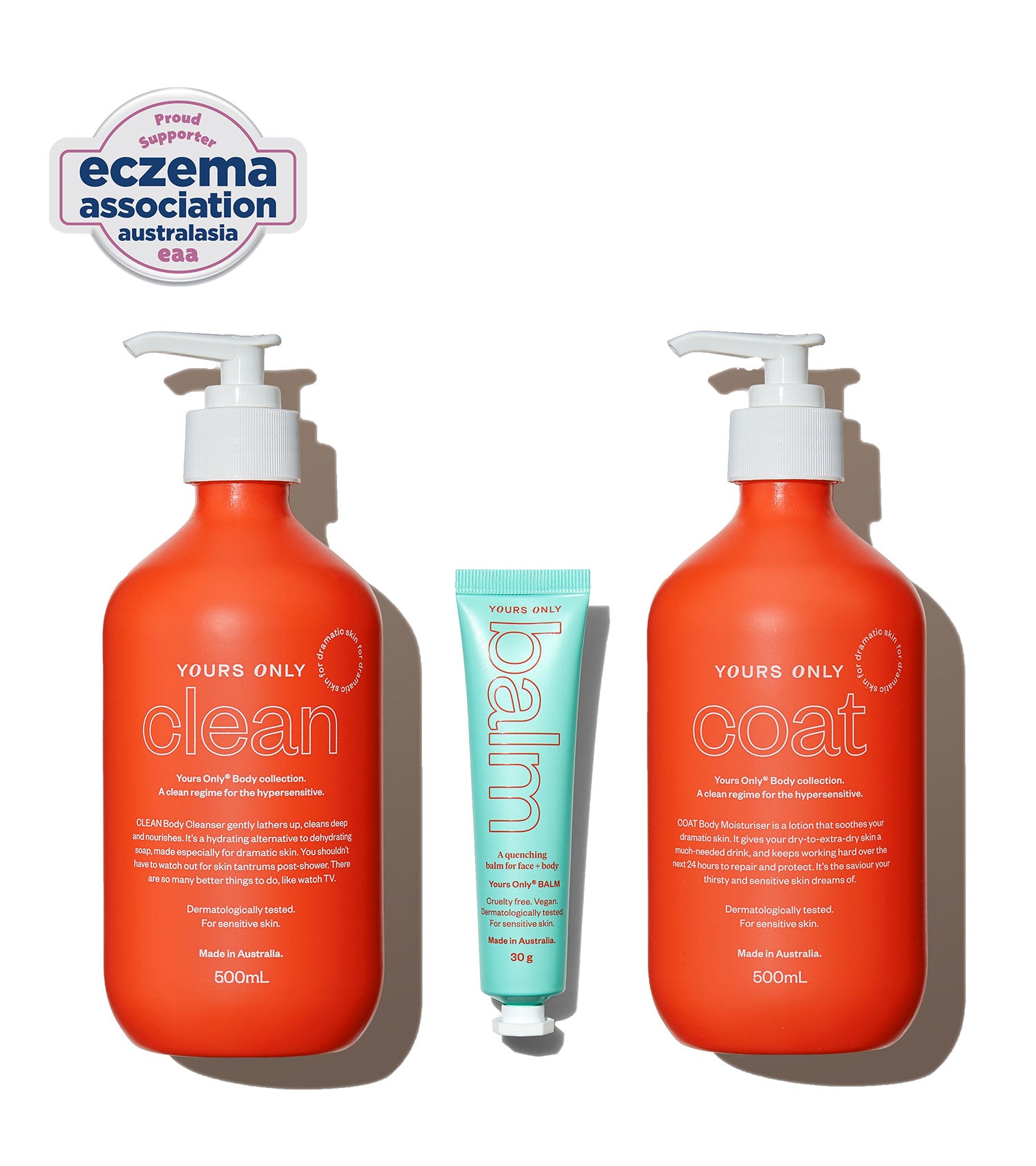 Two orange bottles labeled 'clean' and 'coat' with a smaller blue tube in the center, on a white background with Eczema Association Australasia logo.