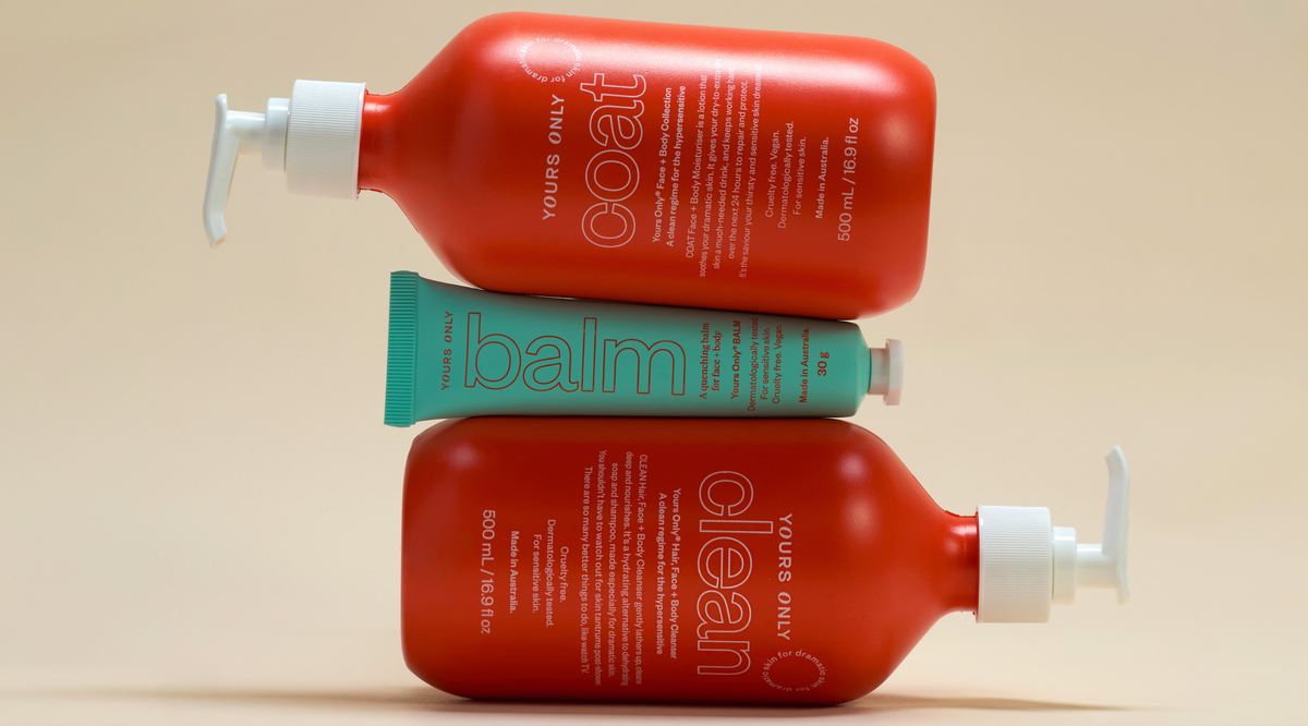 Yours Only Coat, Balm, and Clean products stacked horizontally