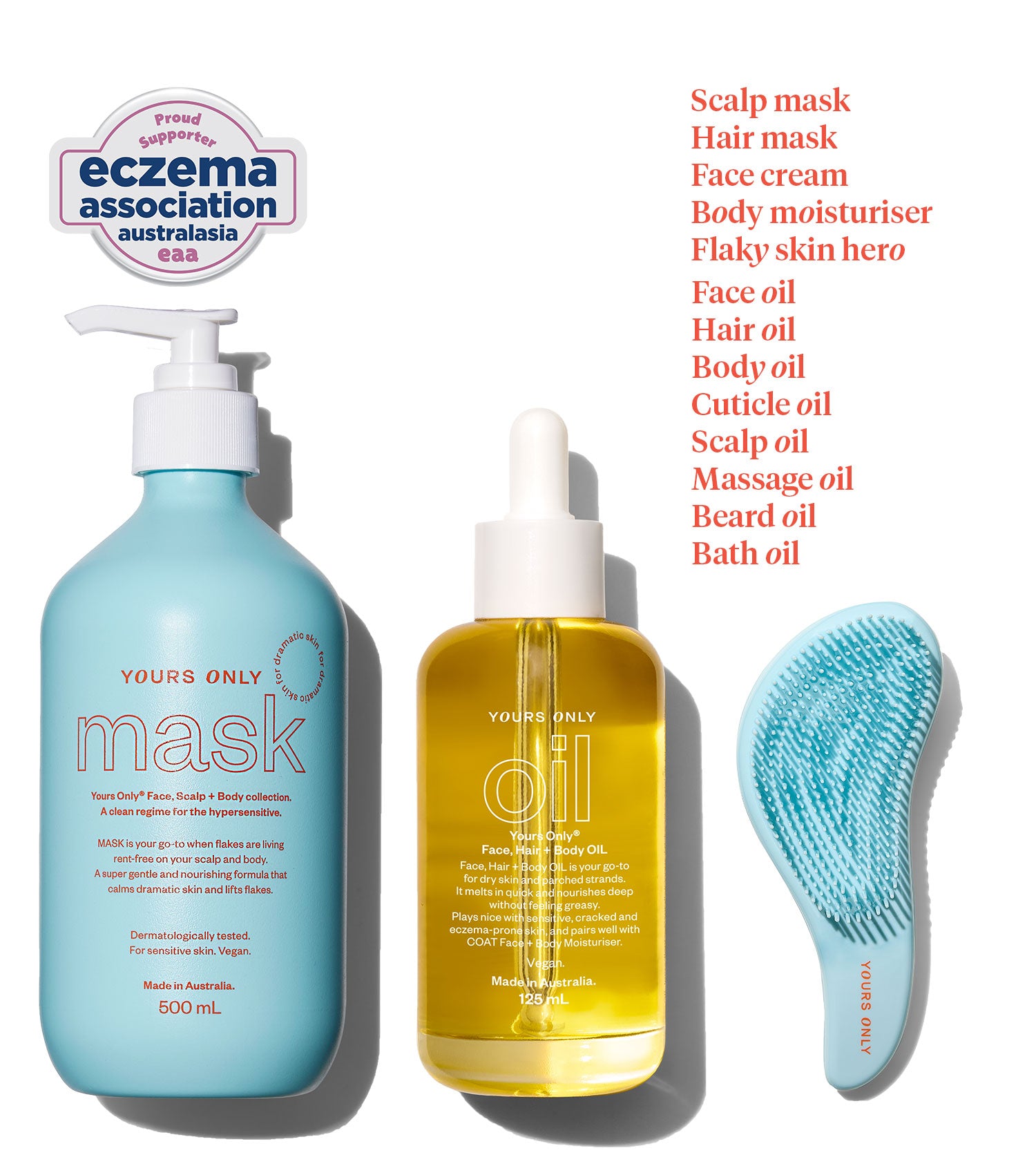 Bottle of 'Yours Only' mask, oil, and brush with product list on a white background