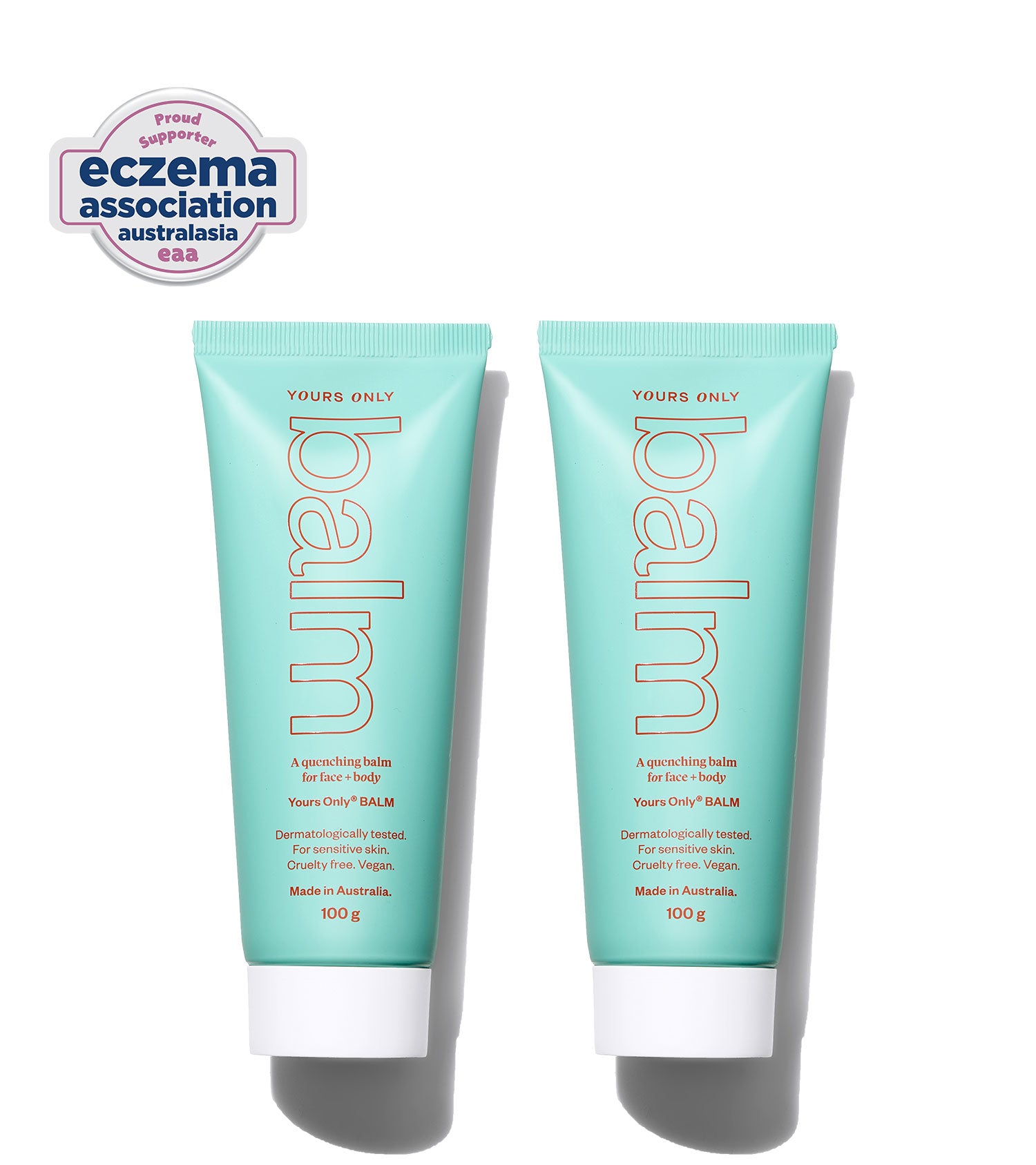 Two 100g tubes of Yours Only Balm, a quenching balm for face and body, with Eczema Association Australasia logo